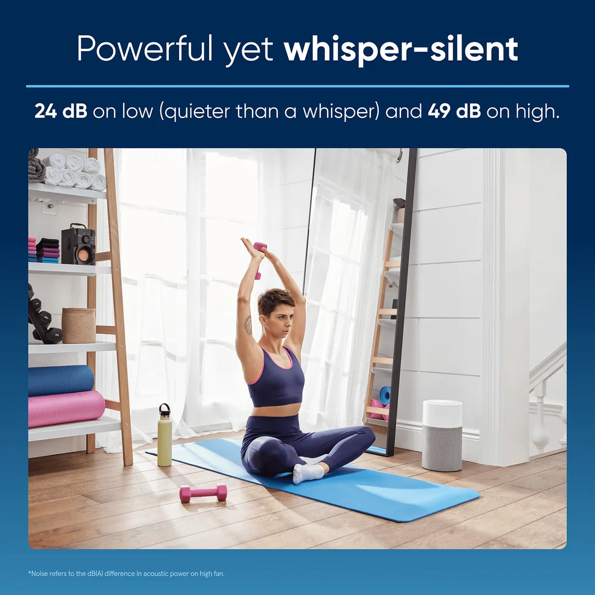 Grafik zu Lautstärke „24 dB“ im Niedrig- und „49 dB“ im Hochmodus, Frau beim Yoga neben Blueair Blue Pure 511 Luftreiniger