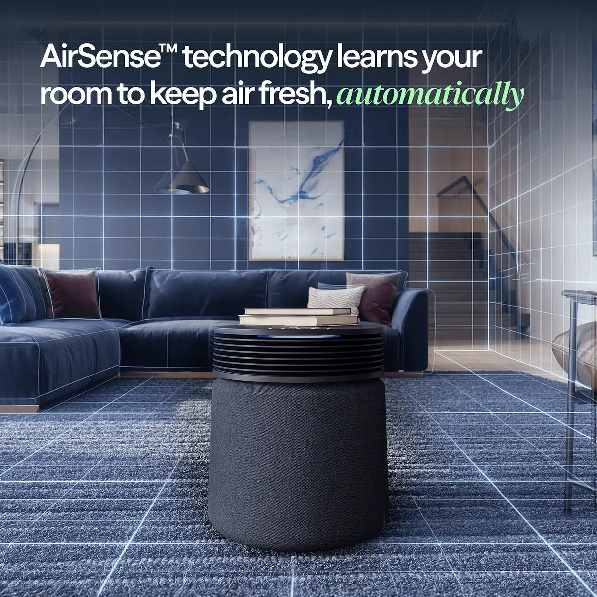 Blueair Blue Signature SP4i Luftreiniger im Wohnzimmer, Grafik zur automatischen „AirSense“-Technologie