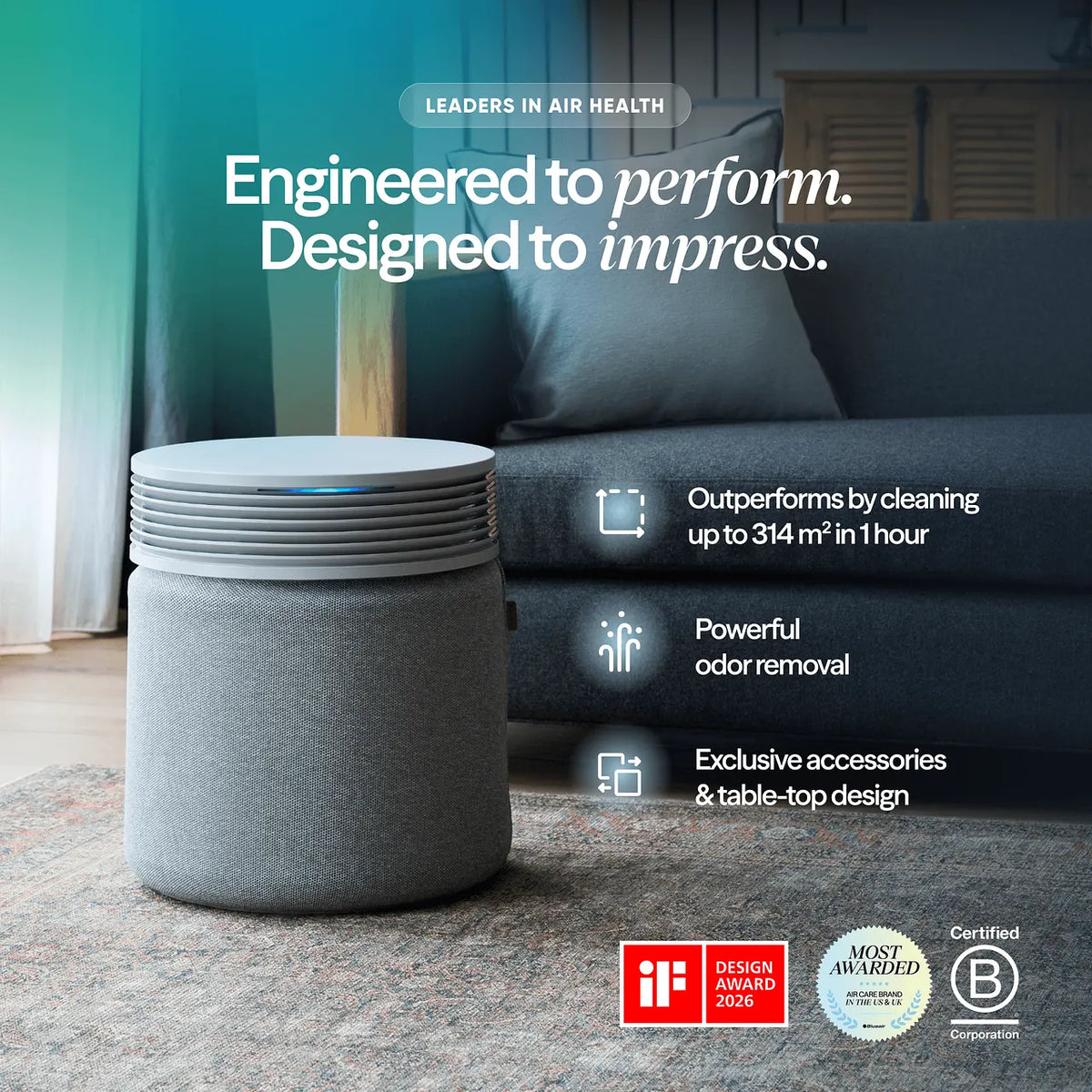 Blueair Blue Signature SP4i Luftreiniger mit grauem Stoffbezug im Wohnzimmer, Grafik mit Leistungsmerkmalen und Siegeln „iF Design Award 2026“, „Most Awarded“, „Certified B Corporation“