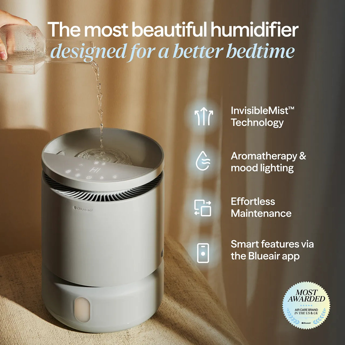 Hand gießt Wasser in den Blueair DreamWell H38i Luftbefeuchter, grau, mit Grafik der Funktionsmerkmale